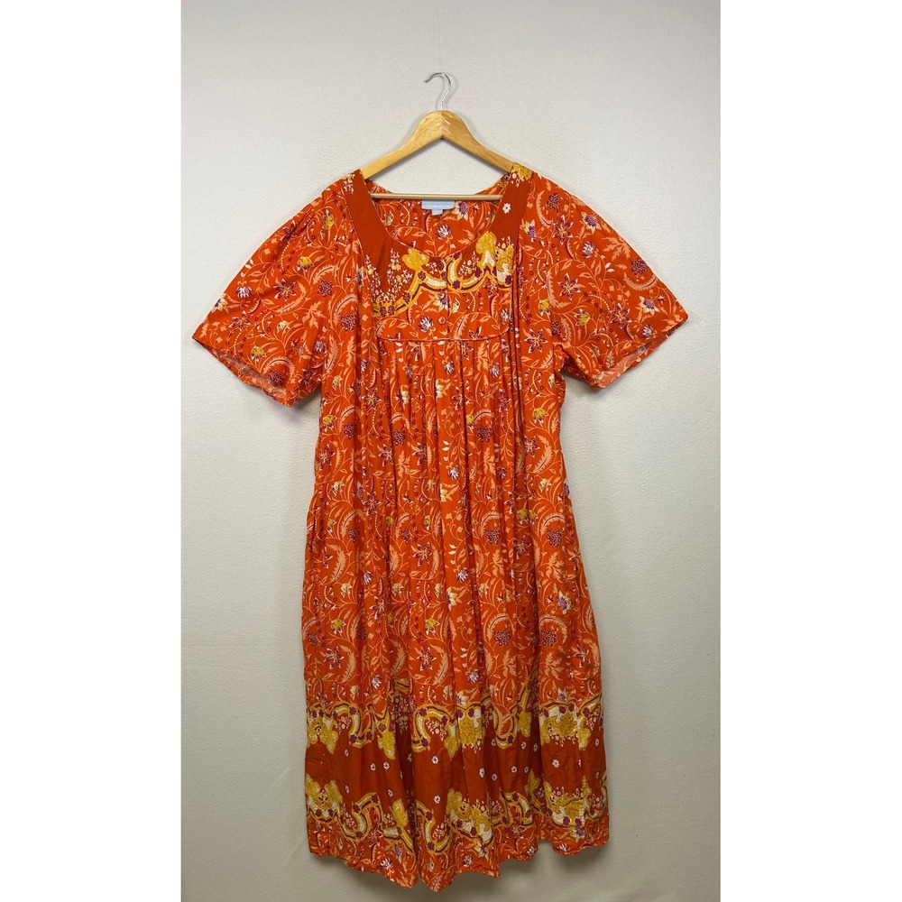 Boho Cottagecore Only Necessities Women 3X Orange Floral Cotton Muumuu Dress
